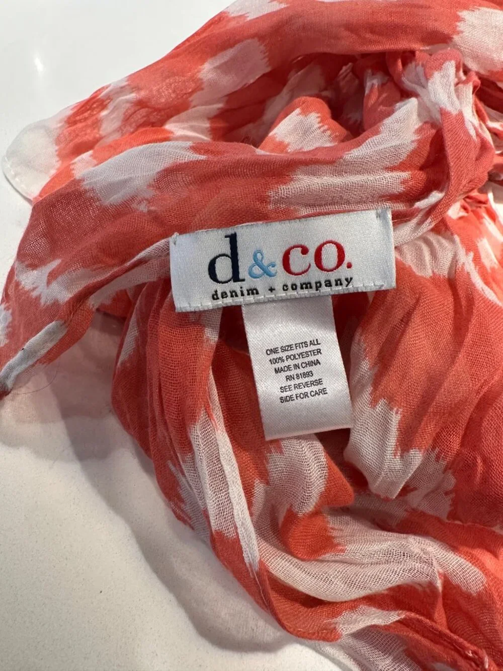 Light Weight Fashion Scarf, D & Co, Coral and White Print